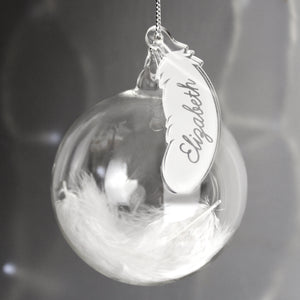 Personalised Silver Feather Glass Bauble