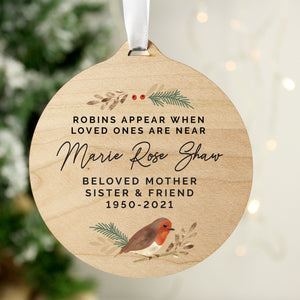 Personalised Robin Memorial Round Wooden Decoration