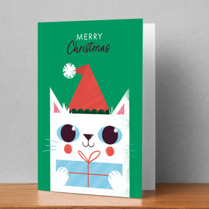 Merry Christmas Cat with Gift Personalised Christmas Card