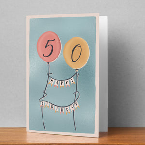 Happy 50th Birthday with Balloons Personalised Card